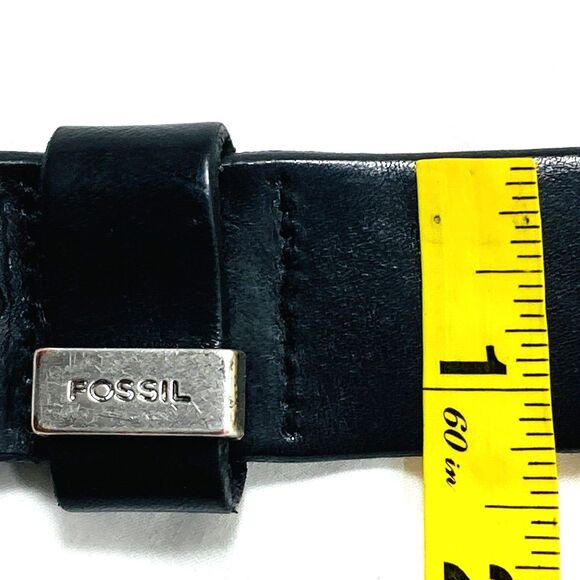 Fossil Vtg Logo Belt Skinny Black Leather Silver M L Unisex fits 31-35.5 waist - Picture 5 of 13
